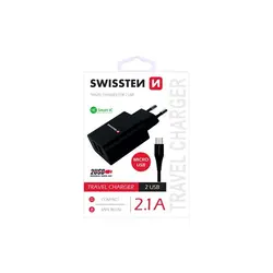 Swissten punjač za AC220, 2xUSB, 2.1A, SMART IC, crni + microUSB kabel 