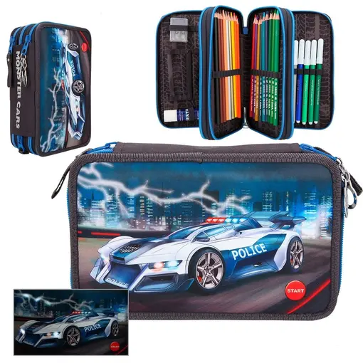 Monster Cars 3-fold pencil case LED police car